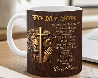 To My Son Mug From Mom, Christian Prayer Coffee Cup, Lion Cross Bible Verse Gift, Birthday Father’s Day Gift For Son