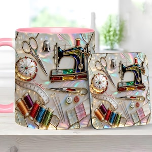 Porta-copos personalizado para costureira, conjunto de canecas com nome personalizado para máquina de costura, presente para quilter com vitral, decoração 3D com pérolas, presente para costureira