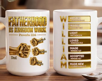Personalized Fatherhood Mug, Christian Dad Gift, Custom Kids Names Coffee Cup, Bible Verse Mug, Faith Father’s Day Gift