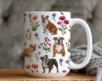 Dog mom mug, Bulldog Mug, Floral Dog Mug, Cute English Bulldog Coffee Mug, Gift for Dog Lover, Bulldog Mom Gift, Animal Lover Gift.