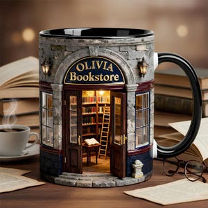May include: A ceramic mug shaped like a stone building with a storefront labeled Olivia Bookstore. The exterior features gray brickwork, two wall lamps, and an open door revealing a miniature interior with bookshelves, a ladder, and a table.