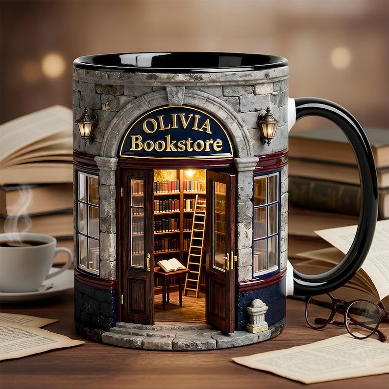 May include: A ceramic mug shaped like a stone building with a storefront labeled Olivia Bookstore. The exterior features gray brickwork, two wall lamps, and an open door revealing a miniature interior with bookshelves, a ladder, and a table.
