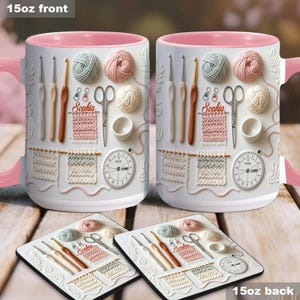 May include: Two white ceramic mugs with pink interiors and handles, featuring a 3D design of knitting tools, yarn, and a timer. The mugs have the name "Sophia" on them. Two matching coasters are also visible, with the same design.