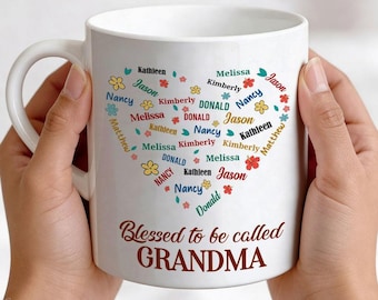 Personalized Grandma Mug, Blessed To Be Called Grandma Cup, Custom Grandkids Names Heart Gift, Mother’s Day Birthday Gift