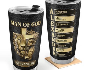 Personalized Man of God Tumbler, Christian Gift for Men, Lion Cross Bible Verse Cup, Custom Name Religious Gift for Him.