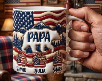 Papa Bear Mug, Personalized Patriotic Family Coffee Cup, Custom Paw Print Gift For Grandpa, Papa Gift, Family Keepsake
