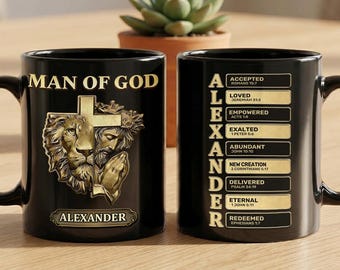 Personalized Man Of God Mug, Christian Bible Verse Name Cup, Lion Jesus Cross Gift For Men, Faith Coffee Mug For Dad