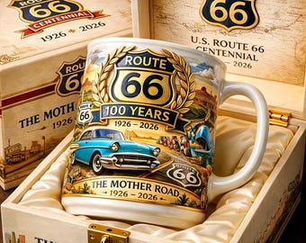 Route 66 Mug, 100 Years 1926 2026 Centennial Gift, Vintage Road Trip Coffee Cup, The Mother Road USA, Retro Car Lover Gift Travel Souvenir.