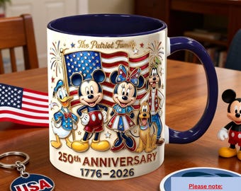 Mug Disney famille patriote, 250e anniversaire 1776-2026, tasse Mickey Mouse personnalisée, thème américain Disney, cadeau d'anniversaire des États-Unis.