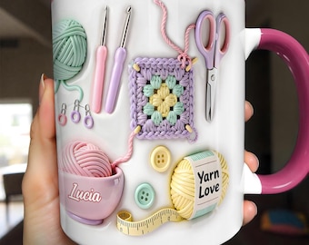 Personalized Crochet Mug, Yarn Balls and Hooks, Crafter Gift
