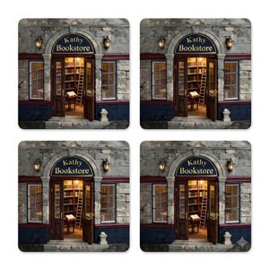 May include: A set of four square coasters featuring a printed image of a stone bookstore storefront. The facade includes a dark arched sign reading Kathy Bookstore, two windows, a wooden door, and a view of interior bookshelves and a ladder.