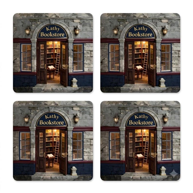May include: A set of four square coasters featuring a printed image of a stone bookstore storefront. The facade includes a dark arched sign reading Kathy Bookstore, two windows, a wooden door, and a view of interior bookshelves and a ladder.