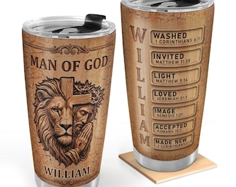 Personalized Man Of God Tumbler, Christian Lion Cross Travel Cup, Custom Name Bible Verse Gift For Dad, Father's Day Religious Gift, For Him