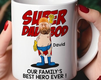 Super Dad Bod Mug, Personalized Funny Dad Coffee Mug, Custom Face Hero Cup, Father's Day Gift, Birthday Gift From Kids.