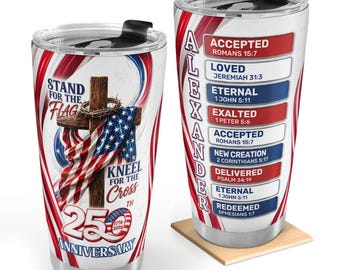 Personalized Christian Patriotic Tumbler, Stand For The Flag Kneel For The Cross Cup, Bible Verse Name Gift For Men