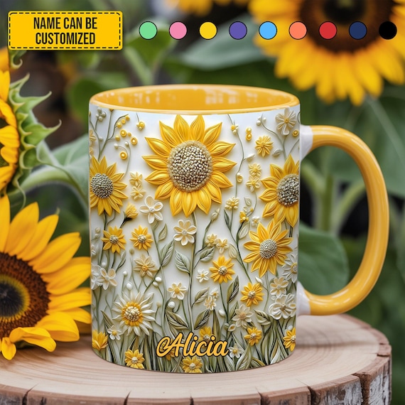 Sunflower Daisy Mug, Custom Name Floral Coffee Mug, Aesthetic Flower Mug, Gift for Her Mom Gift, Cottagecore Mug, Fall Floral Mug.
