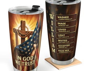 Personalized In God We Trust Tumbler, Christian Patriotic Bible Verse Cup, American Flag Cross Gift For Men