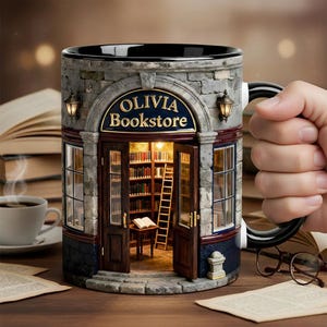 May include: A ceramic mug shaped like a stone bookstore facade with the text Olivia Bookstore above an open doorway. The interior shows shelves of books, a wooden ladder, and a small table with an open book. The mug has a black handle and rim.