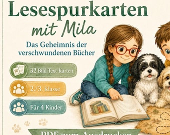 Może przedstawiać: Cyfrowa pomoc edukacyjna zatytułowana MilaLeseWelt Lesespurkarten mit Mila Das Geheimnis der verschwundenen Bücher z ilustracją dwojga dzieci i dwóch psów czytających książkę i patrzących na mapę z 32 kartami dla klas 2 i 3.
