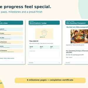 K&ouml;nnte beinhalten: Drei p&auml;dagogische Seiten mit der &Uuml;berschrift Make progress feel special, bestehend aus einem Lese-Fahrplan mit sechs Meilensteinen, einer Word Explorer badge Aktivit&auml;tsseite und einer Mila Reading Champion Urkunde mit Illustration.