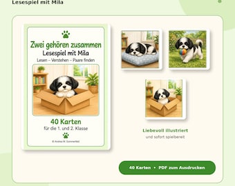 Peut inclure: Un jeu de lecture intitulé Zwei gehören zusammen Lesespiel mit Mila comprenant 40 cartes pour les classes de CP et CE1. Les cartes présentent des illustrations d'un chiot noir et blanc nommé Mila dans divers décors, dont une boîte en carton.