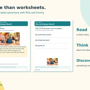 K&ouml;nnte beinhalten: Zwei Arbeitsblattseiten mit dem Titel More than worksheets. An illustrated adventure with Mila and Emma. Die Seiten enthalten die Geschichte Wo ist Emmas Buch? mit Illustrationen eines M&auml;dchens und eines Hundes, Verst&auml;ndnisfragen sowie den Text Read, Think, Discover.