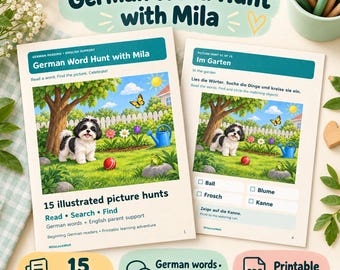 Könnte beinhalten: Zwei Seiten einer German Word Hunt with Mila Lernaktivität mit einer farbenfrohen Illustration eines Welpen, eines Schmetterlings, eines Balls, eines Frosches und einer Gießkanne in einem Garten. Der Text enthält deutsche Wörter mit englischer Unterstützung.