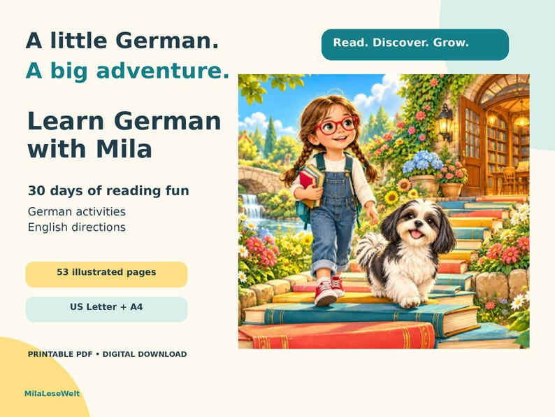 K&ouml;nnte beinhalten: Ein digitales Bildungsprodukt mit dem Titel A little German. A big adventure. Learn German with Mila. Es zeigt eine Illustration eines M&auml;dchens mit Brille und einem kleinen Hund auf einem B&uuml;cherpfad, mit 53 illustrierten Seiten in A4.