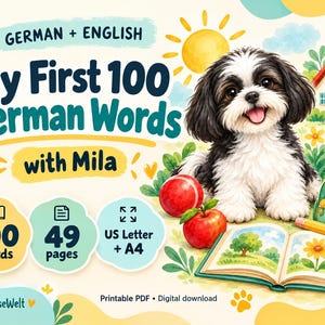 Mis primeras 100 palabras en alemán con Mila: vocabulario alemán-inglés para niños, PDF imprimible de 49 páginas, tarjetas de vocabulario y juegos.