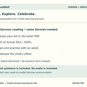 K&ouml;nnte beinhalten: Ein digitales PDF-Dokument mit dem Titel MilaLeseWelt und dem Text Print. Explore. Celebrate. Simple preparation for a little learning moment. Es listet vier Schritte f&uuml;r das fr&uuml;he Deutschlesen auf und vermerkt, dass eine englische Anleitung enthalten ist.