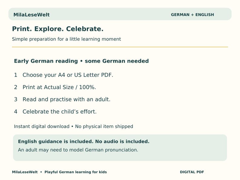 K&ouml;nnte beinhalten: Ein digitales PDF-Dokument mit dem Titel MilaLeseWelt und dem Text Print. Explore. Celebrate. Simple preparation for a little learning moment. Es listet vier Schritte f&uuml;r das fr&uuml;he Deutschlesen auf und vermerkt, dass eine englische Anleitung enthalten ist.