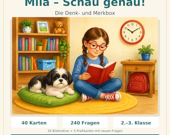 Może przedstawiać: Zestaw edukacyjny MilaLeseWelt Mila - Schau genau! Die Denk- und Merkbox z dziewczynką czytającą czerwoną książkę, czarno-białym psem na zielonej poduszce, regałem, czerwonym zegarem i czerwonym plecakiem. Zawiera 40 kart, 240 pytań dla klas 2-3.