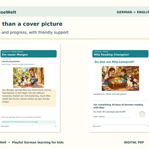K&ouml;nnte beinhalten: Zwei Bildungsseiten von MilaLeseWelt mit der &Uuml;berschrift More than a cover picture. Die linke Seite zeigt die Geschichte Ein neuer Morgen mit einer Illustration eines Kindes und eines Hundes. Die rechte Seite ist ein Mila-Leseprofi-Zertifikat.