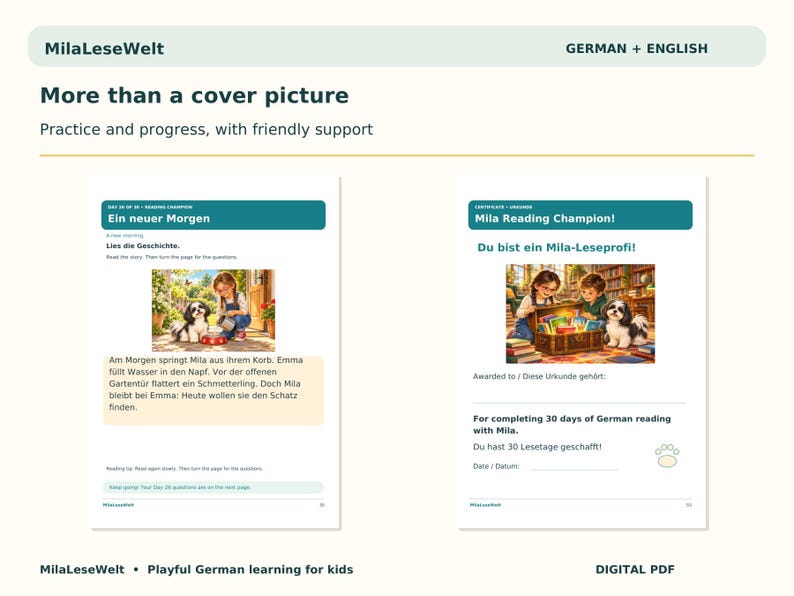 K&ouml;nnte beinhalten: Zwei Bildungsseiten von MilaLeseWelt mit der &Uuml;berschrift More than a cover picture. Die linke Seite zeigt die Geschichte Ein neuer Morgen mit einer Illustration eines Kindes und eines Hundes. Die rechte Seite ist ein Mila-Leseprofi-Zertifikat.