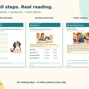 K&ouml;nnte beinhalten: Drei p&auml;dagogische Lese-Arbeitsbl&auml;tter mit dem Titel Small steps. Real reading. und den Abschnitten Word Explorer, Reading Detective und Story Starter. Die Seiten enthalten deutsche Texte, Lese&uuml;bungen, Multiple-Choice-Fragen sowie Illustrationen eines M&auml;dchens und eines Hundes.