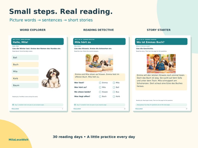 K&ouml;nnte beinhalten: Drei p&auml;dagogische Lese-Arbeitsbl&auml;tter mit dem Titel Small steps. Real reading. und den Abschnitten Word Explorer, Reading Detective und Story Starter. Die Seiten enthalten deutsche Texte, Lese&uuml;bungen, Multiple-Choice-Fragen sowie Illustrationen eines M&auml;dchens und eines Hundes.