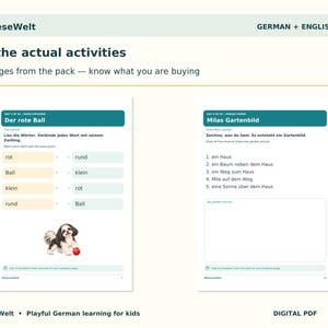 K&ouml;nnte beinhalten: Zwei p&auml;dagogische Arbeitsbl&auml;tter von MilaLeseWelt mit der &Uuml;berschrift See the actual activities. Die linke Seite enth&auml;lt eine Wortzuordnungs&uuml;bung mit einem Hund und rotem Ball. Die rechte Seite zeigt Zeichenanweisungen auf Deutsch und Englisch.