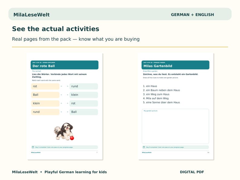 K&ouml;nnte beinhalten: Zwei p&auml;dagogische Arbeitsbl&auml;tter von MilaLeseWelt mit der &Uuml;berschrift See the actual activities. Die linke Seite enth&auml;lt eine Wortzuordnungs&uuml;bung mit einem Hund und rotem Ball. Die rechte Seite zeigt Zeichenanweisungen auf Deutsch und Englisch.