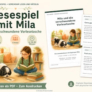 Może przedstawiać: Gra do czytania w formacie PDF do druku pod tytułem Lesespiel mit Mila: Die verschwundene Vorlesetasche, przedstawiająca dziewczynkę w okularach oraz czarno-białego psa. Zestaw zawiera strony z instrukcjami i karty z zagadkami z tekstem w języku niemieckim.