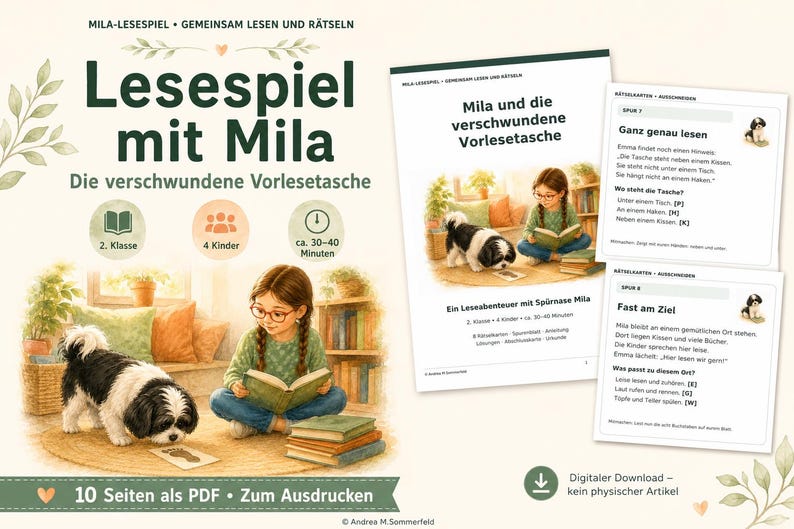 Może przedstawiać: Gra do czytania w formacie PDF do druku pod tytułem Lesespiel mit Mila: Die verschwundene Vorlesetasche, przedstawiająca dziewczynkę w okularach oraz czarno-białego psa. Zestaw zawiera strony z instrukcjami i karty z zagadkami z tekstem w języku niemieckim.