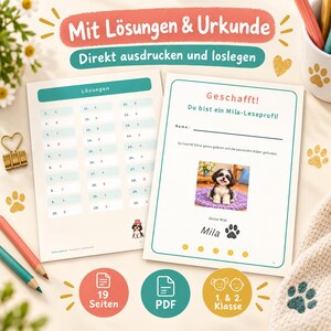 Peut inclure: Deux feuilles d'exercices &eacute;ducatives avec du texte en allemand, comprenant une feuille de solutions num&eacute;rot&eacute;es et un certificat intitul&eacute; Geschafft! Du bist ein Mila-Leseprofi! avec une photo d'un petit chien sur un tapis violet.