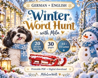 Könnte beinhalten: Ein digitales, druckbares Winter Word Hunt with Mila Aktivitätsbuch mit einem schwarz-weißen Hund mit blauem Schneeflockenschal, einem Schneemann und einem roten Schlitten. Der Text lautet Winter Word Hunt with Mila, 20 picture searches, 30 pages, A4 + US Letter, Printable PDF, Digital download und MilaLeseWelt.