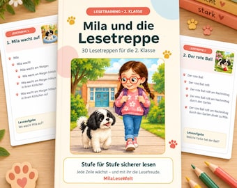 Może przedstawiać: Edukacyjna książka dla dzieci zatytułowana Mila und die Lesetreppe, z ilustracją dziewczynki w okularach i szczeniaka na okładce. Książka zawiera ćwiczenia czytania dla drugiej klasy, dwie karty edukacyjne oraz zestaw kredek.