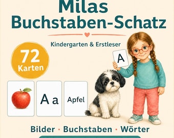 Peut inclure: Un ensemble de 72 cartes éducatives intitulé Mila-Lesewelt Milas Buchstaben-Schatz pour la maternelle et les lecteurs débutants. La couverture présente une illustration d'un enfant à lunettes et d'un petit chien, avec des cartes montrant une pomme, la lettre A et le mot Apfel.