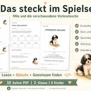 Może przedstawiać: 10-stronicowy cyfrowy zestaw gier edukacyjnych w formacie PDF zatytułowany Das steckt im Spielset Mila und die verschwundene Vorlesetasche, zawierający zagadki czytelnicze, arkusz śledzenia zespołu, certyfikat oraz instrukcje dla dzieci.
