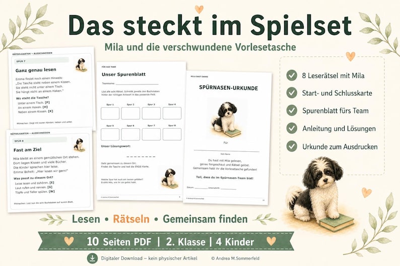 Może przedstawiać: 10-stronicowy cyfrowy zestaw gier edukacyjnych w formacie PDF zatytułowany Das steckt im Spielset Mila und die verschwundene Vorlesetasche, zawierający zagadki czytelnicze, arkusz śledzenia zespołu, certyfikat oraz instrukcje dla dzieci.