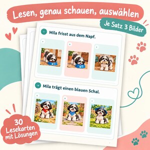 Peut inclure: Un ensemble de cartes de lecture &eacute;ducatives mettant en sc&egrave;ne un chien Shih Tzu nomm&eacute; Mila. Les cartes pr&eacute;sentent des images &agrave; choix multiples avec du texte en allemand, dont 'Mila frisst aus dem Napf' et 'Mila tr&auml;gt einen blauen Schal', soit 30 cartes avec solutions.