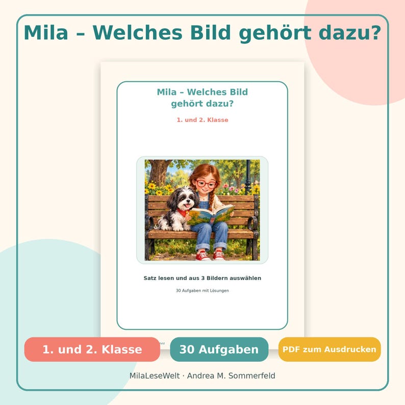 Peut inclure: Une fiche p&eacute;dagogique imprimable intitul&eacute;e Mila - Welches Bild geh&ouml;rt dazu? avec une illustration centrale d'un enfant aux cheveux roux et lunettes lisant sur un banc de parc pr&egrave;s d'un petit chien, incluant 30 exercices et solutions.