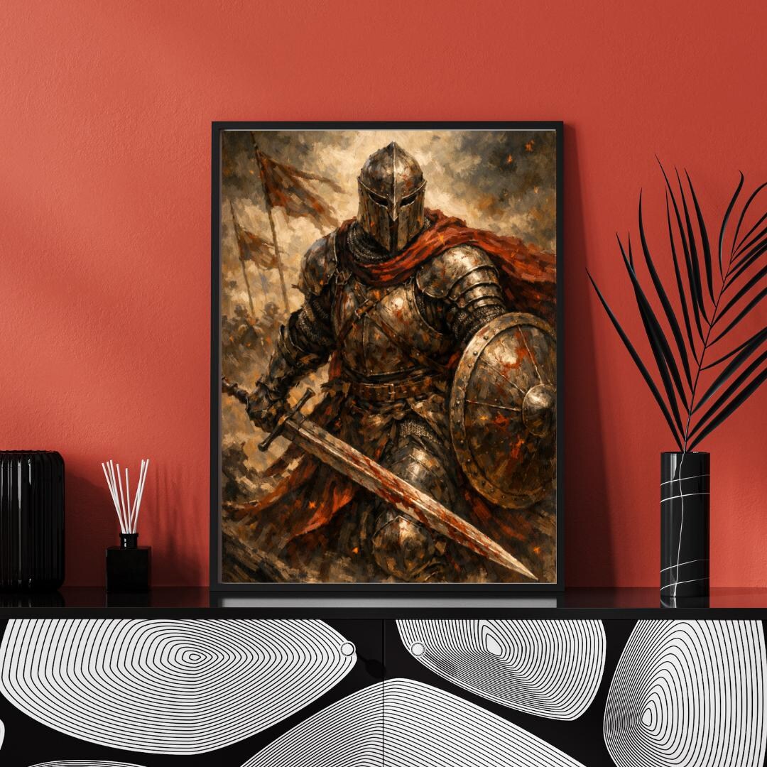 Medieval Knight Wall Art, Hand Painted Style Warrior Painting, Dark ...