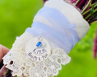 Wedding Bouquet Charm - Personalized Hand Stamped - Personalized Bridal Bouquet Charm Wedding Bouquet - Something Blue - Bouquet Accessories